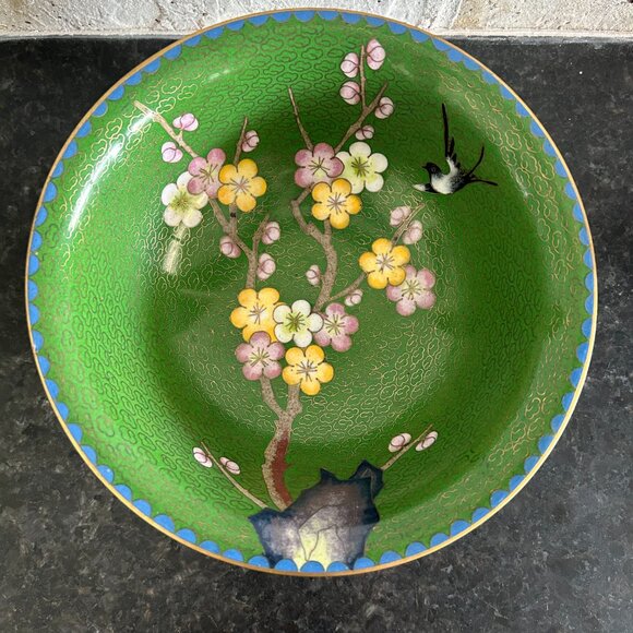 Vintage Japanese Style Enamel Cherry Blossom Flower Bowl, Brass bowl - Picture 2 of 4